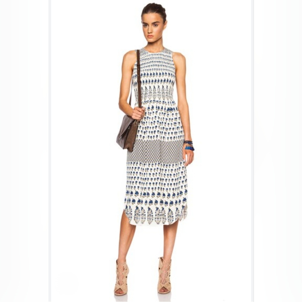 Ulla Johnson Cowrie 100% Silk Dress Blue Floral Ivory Smocked Sleeveless Midi 6